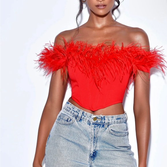 Red Feather Trim Corset Top - Picture 3 of 5